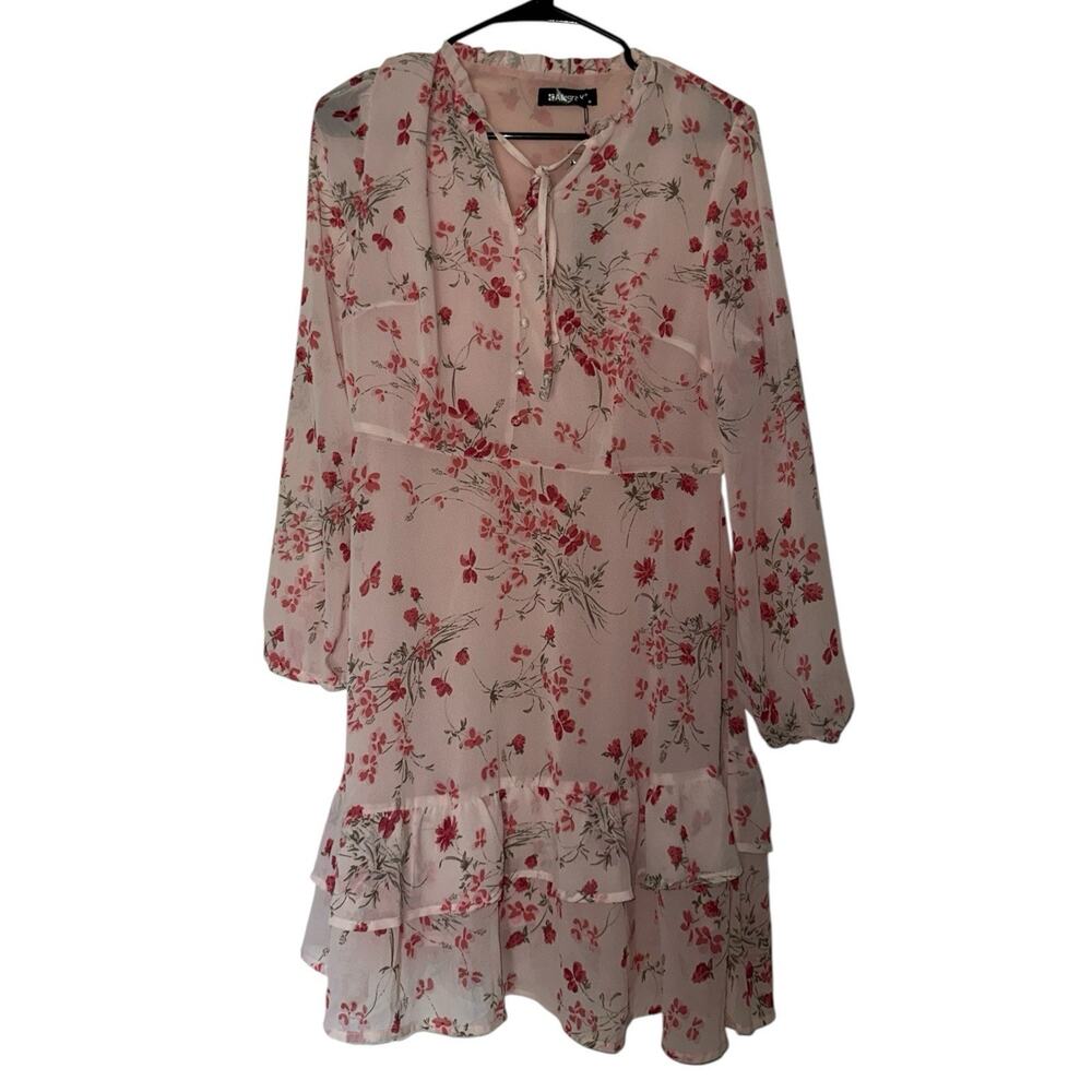 Woman’s Pink Floral Long Shear Sleeve Dress Size M NWT Spring Summer Casual Cute